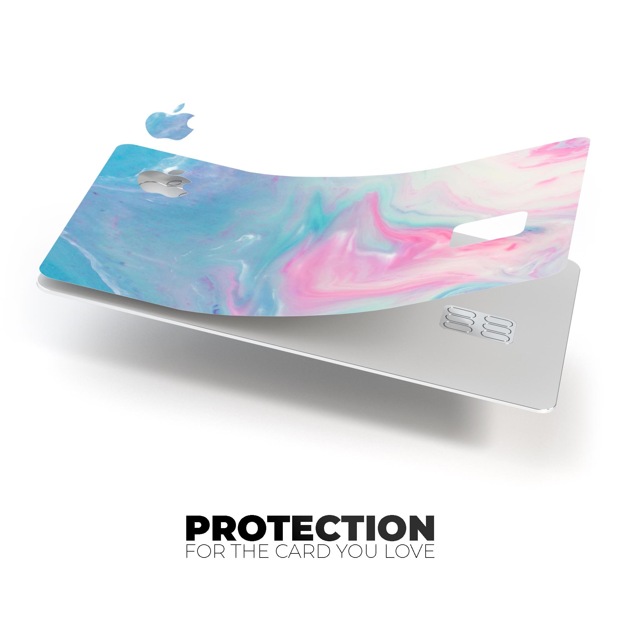 Marbleized Pink and Blue Paradise V482 decal applied on an Apple Card, showcasing its stylish design and premium finish.